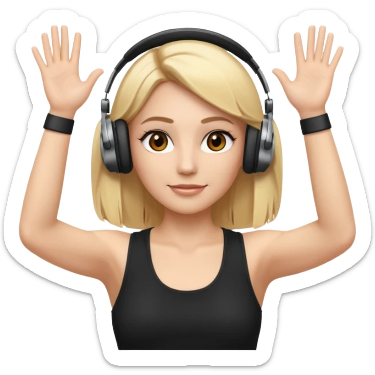 I want a white female dj animated gif emoji with long straight centre parting blonde hair, brown eye brows and putting hands up in the air. Wearing a black tight top with no sleeve. Also wearing DJ headphones  sticker