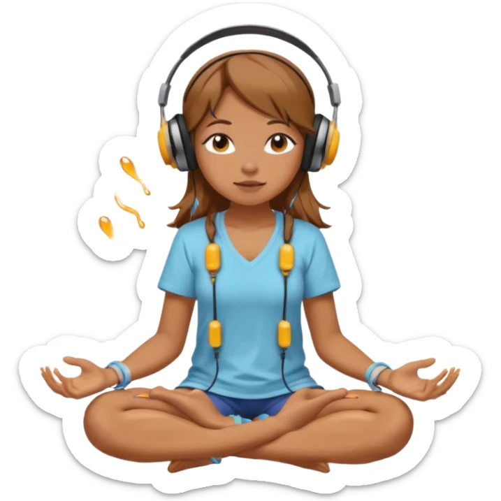 A girl is sitting cross-legged in a meditation pose, wearing headphones and listening to music. The song is so good that honey is dripping from her ears, and her expression is completely dazed because she’s enjoying the music so much. Like this girl 🧘🏻‍♀️ sticker