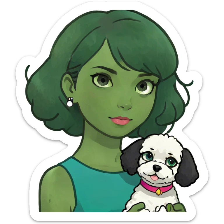 Girl with black hair and blue eyes. With Bichon frise sticker