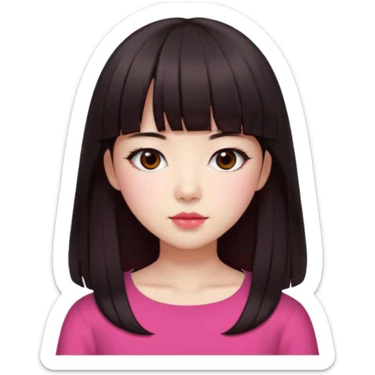 Korean girl, red top, black brown hair, brown eyes, long hair, cool girl, aesthetic, long hair, hime cut, blunt bangs, pink lips, pink cheek sticker