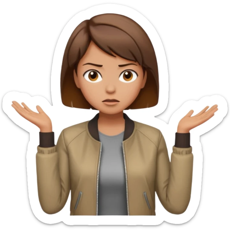a woman with a brown short hair, looking at the left, frustrated, wearing a trendy jacket, only upper body, high quality sticker