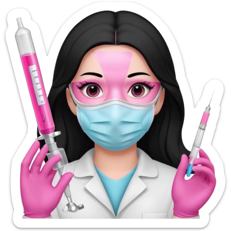 laboratorista con guantes rosa y mascarilla rosa  jeringa tubo laboratorio sin lentes  y  ojos negros cabello largo negro color ojos oscuro sticker