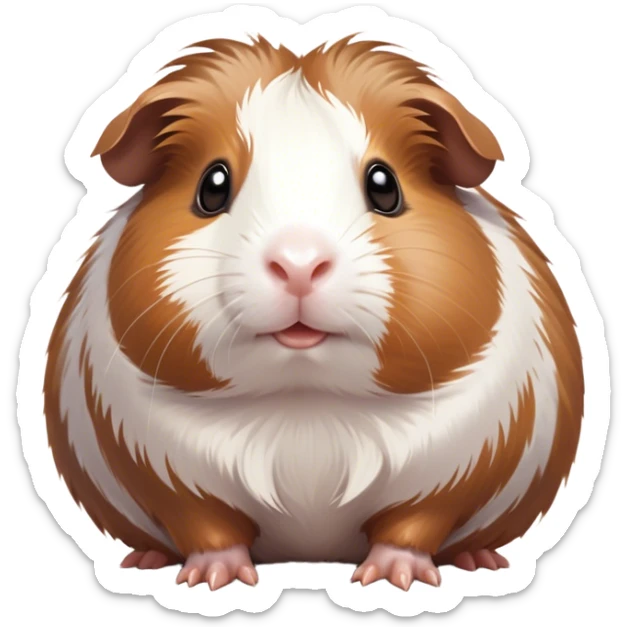 Cinematic Cute Brown and White Banded Guinea Pig Portrait Emoji, Head tilted playfully and inquisitively, showcasing a fluffy fur with playful brown and white banded patterns, round, sparkling dark eyes filled with curiosity, Simplified yet irresistibly adorable features, highly detailed, glowing with a warm, friendly glow, high shine, affectionate and spirited, stylized with a touch of whimsy, bright and endearing, soft glowing outline, capturing the essence of a mischievous yet loving guinea pig, so playful it feels like it could dash out of the screen and into your arms! sticker