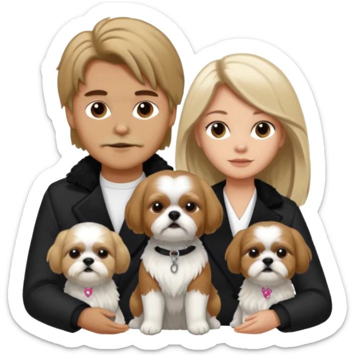 A couple boy with nice hair  and beautiful girl with long dark blond hair and with two shih tzu dogs with  black and white coat sticker