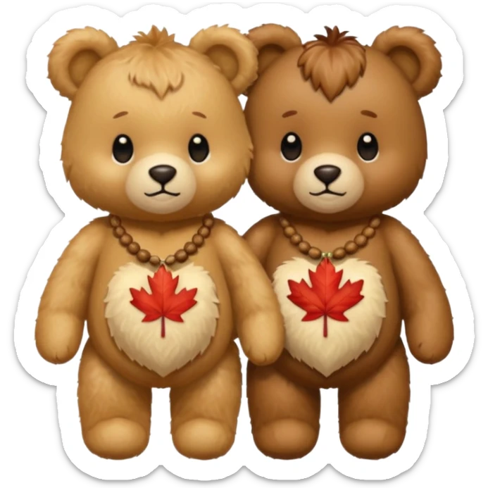 2 fluffy Teddy bears in love. One has an acorn necklace and the other has a maple leaf necklace  sticker