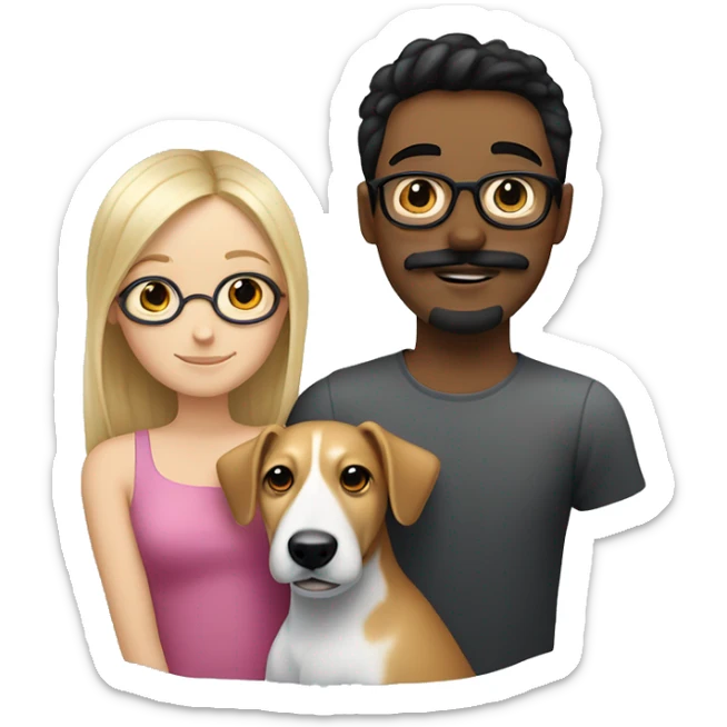  blonde girl without glasses and a white boy with black hair, glasses, a little Beard and moustache, both cuddling a jack Russell sticker