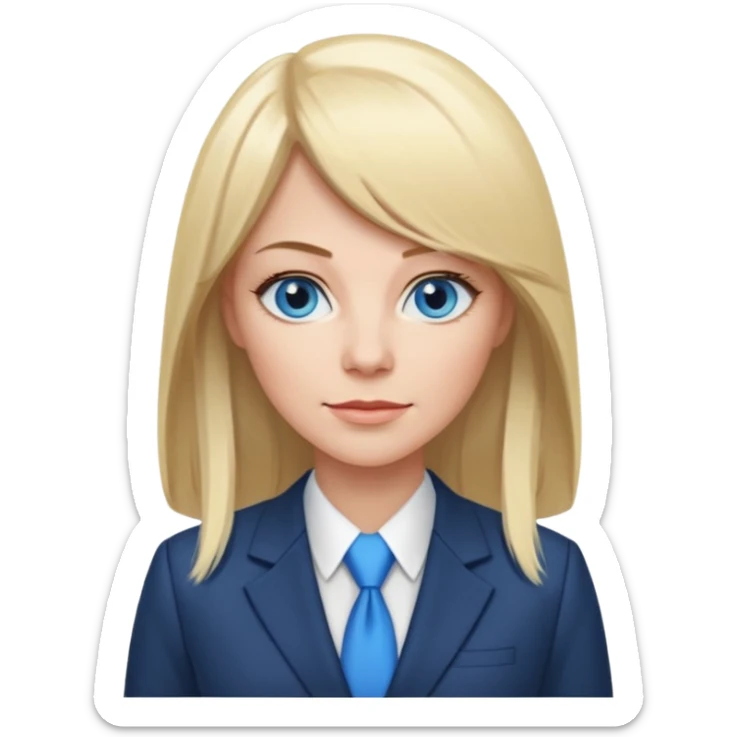 40 yr old white woman, pale skin, long straight blond hair parted in center, blue eyes, bangs, dress clothes for work sticker