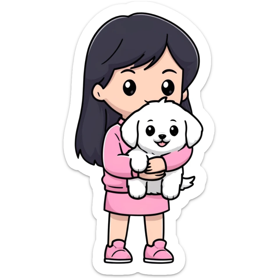 Beautiful girl with long straight black hair, fair skin, wearing pink clothes, holding a pure white fluffy Maltese dog sticker