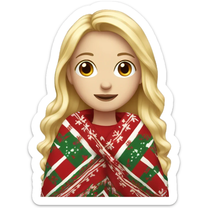 white female, long blonde hair, wearing a patterned christmas blanket sticker