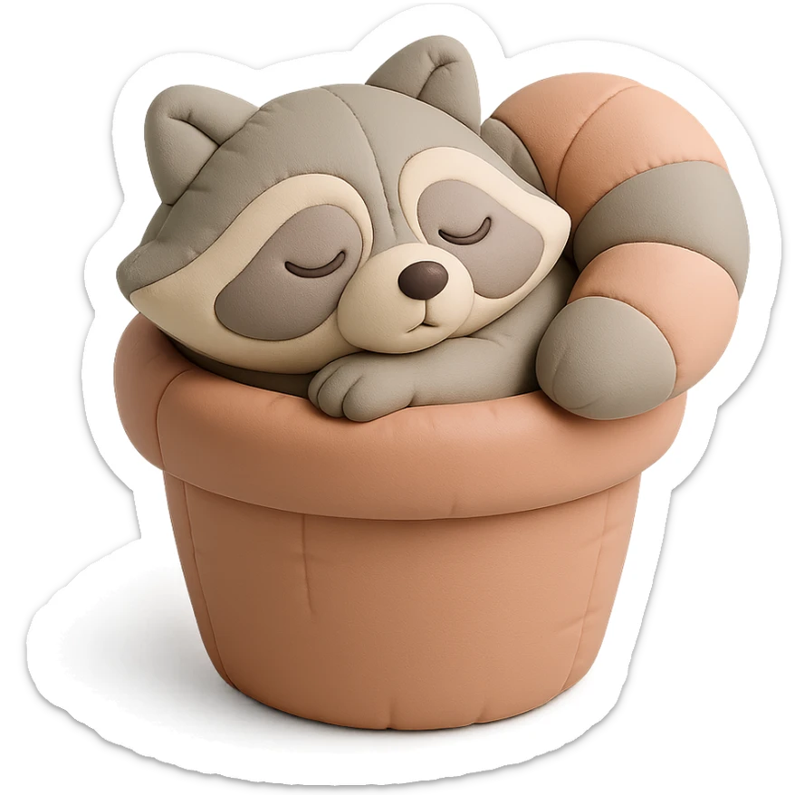 Sleepy raccoon inside a flower pot, pastel earthy colors, soft pastel colors, high-quality design, cushion style sticker
