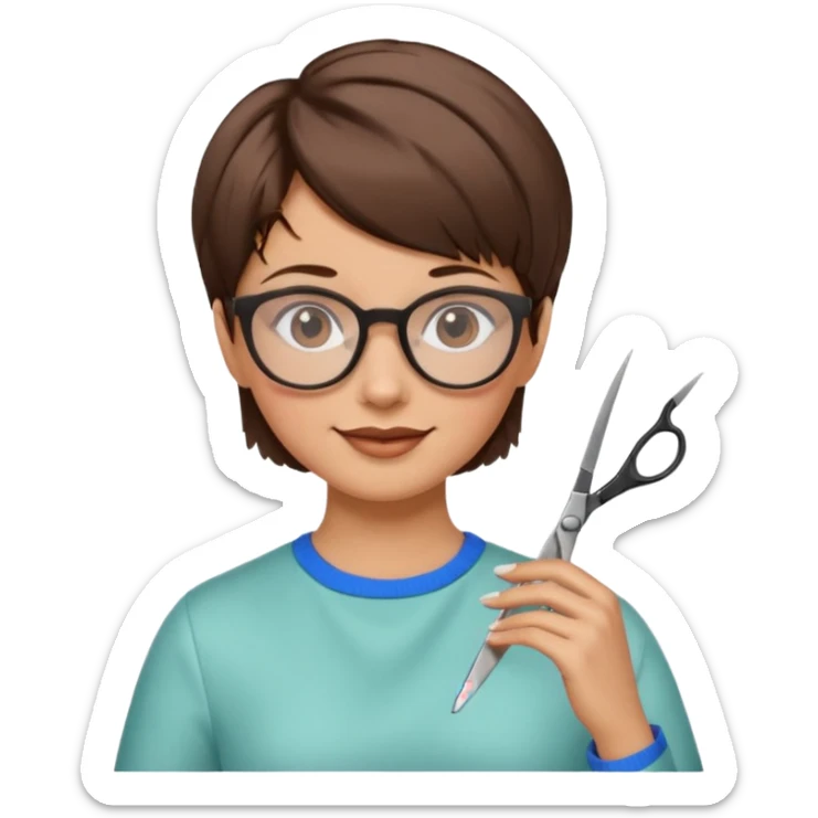 Happy woman with very short hair and glasses having haircut  with scissorsemoji sticker