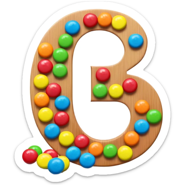 A stylized S letter made of rainbow colors next to a few green round candies, extremely minimal Skittles representation. sticker