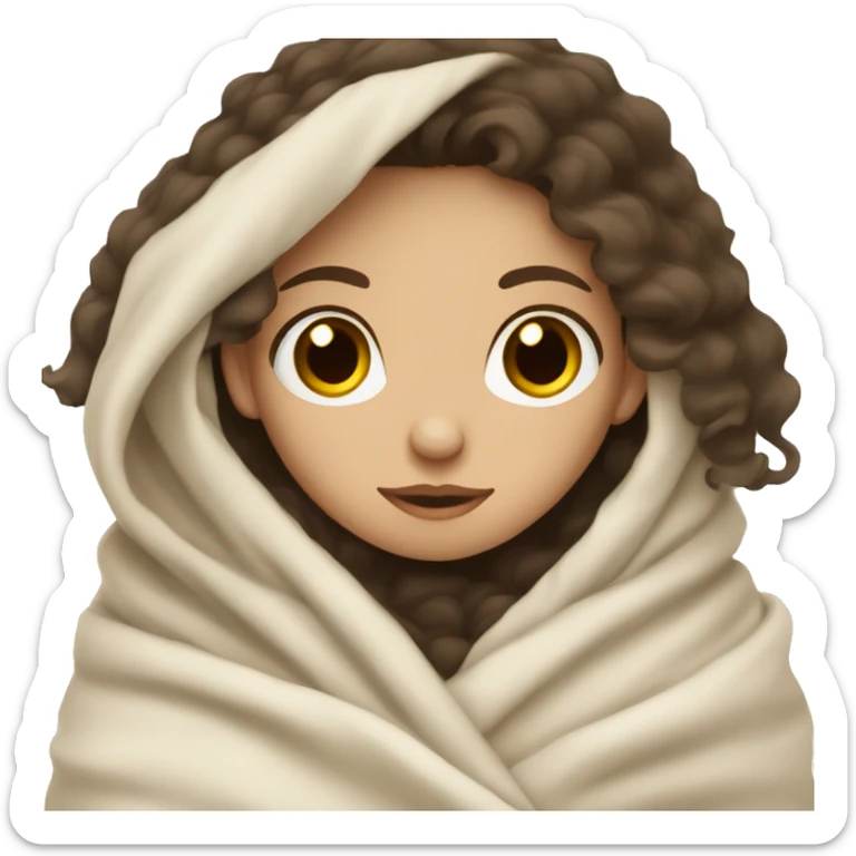 Pale girl with wavy dark hair brown eyes wrapped in a blanket cozy  sticker