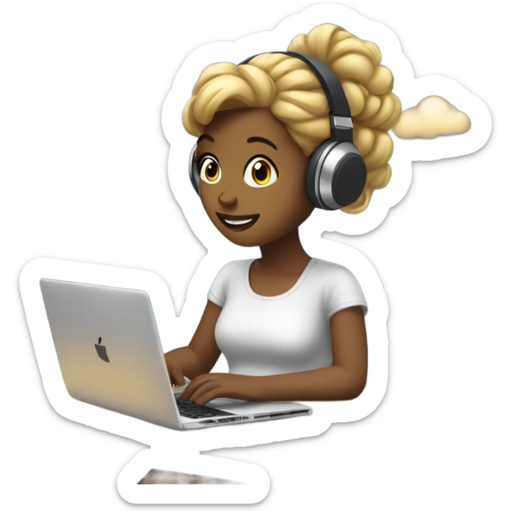 a girl with laptop with a bun hair, headphone, clouds and light bulbs in background sticker