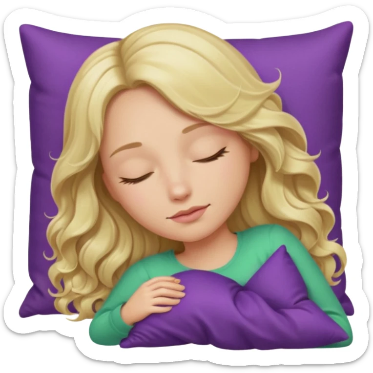 lady with long wavy blonde hair, purple top, green eyes, head on pillow, sleeping sticker