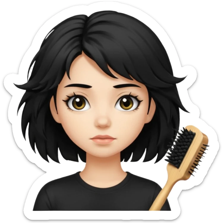 a pretty bratz fair girl with messy shaggy black hair with mascara smudged wearing a tight black tee with a hair brush stuck in hair sticker