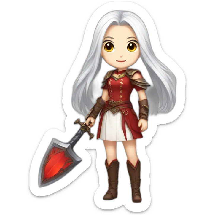 rpg-girl-with-long straight white-hair and red dress like chibi sticker