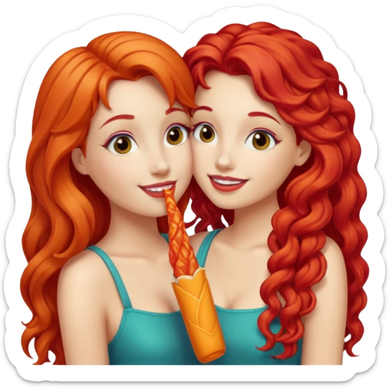 two girls kissing, one with long straight hot cheeto  red hair, the other with long curly blonde hair sticker