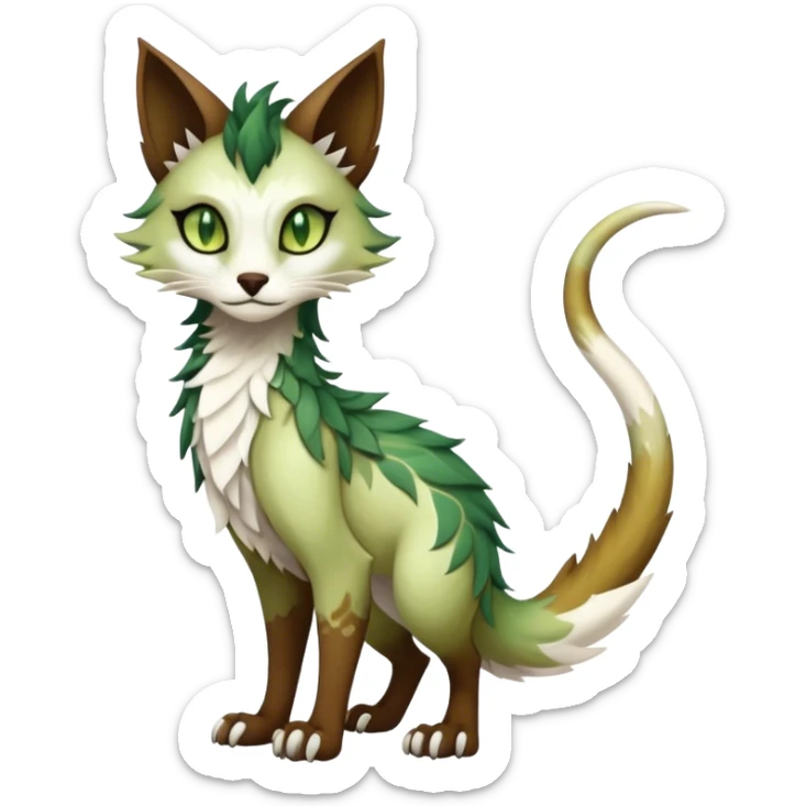 Kawaii dark edgy brown beige white fantasy ethereal feline-vernid-sergal-fursona animal creature with a tufted tail full body with intricate markings, hazel-gold-green eyes sticker