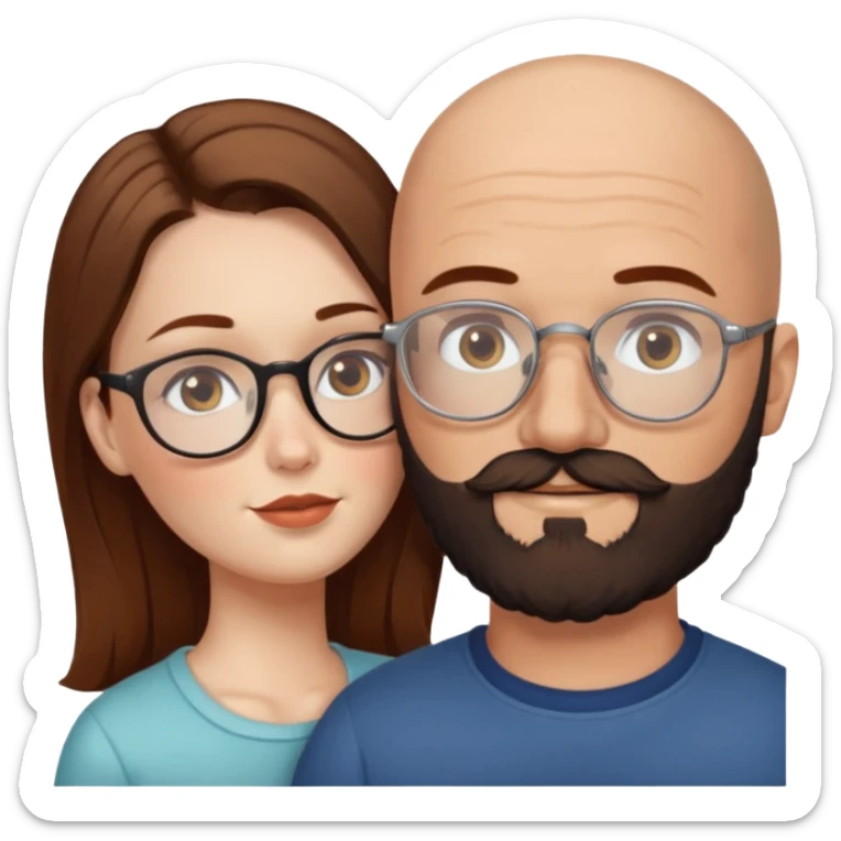 Couple. Bald man with dark brown-black beard. White woman with many small, faded freckles, she has white skin and she has auburn-brown-cinnamon, dark long hair. She has light brown eyes. The man have hazel eyes and glasses. She don’t wear glasses. Retro style. She kisses him. sticker