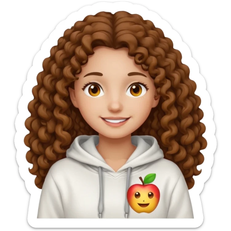 Una ragazza con una felpa semplice bianca,ha gli occhi marroni,i capelli marroni  , c’è gli ha lunghi e ricci  e ha le ciglia lo stile dell immagine deve essere  stile emoji apple sticker
