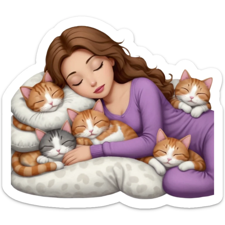 girl with long wavy brown hair, brown eyes, long lashes makeup, sexy pink lips, light to medium complexion,  sleeping on a cozy pillow, with 6 cats: 1 brown and white tabby cat, 1 ginger and white, 2 grey and white, 1 grey has white mittens and small white patch on its chest and 1 calico, sleeping sticker