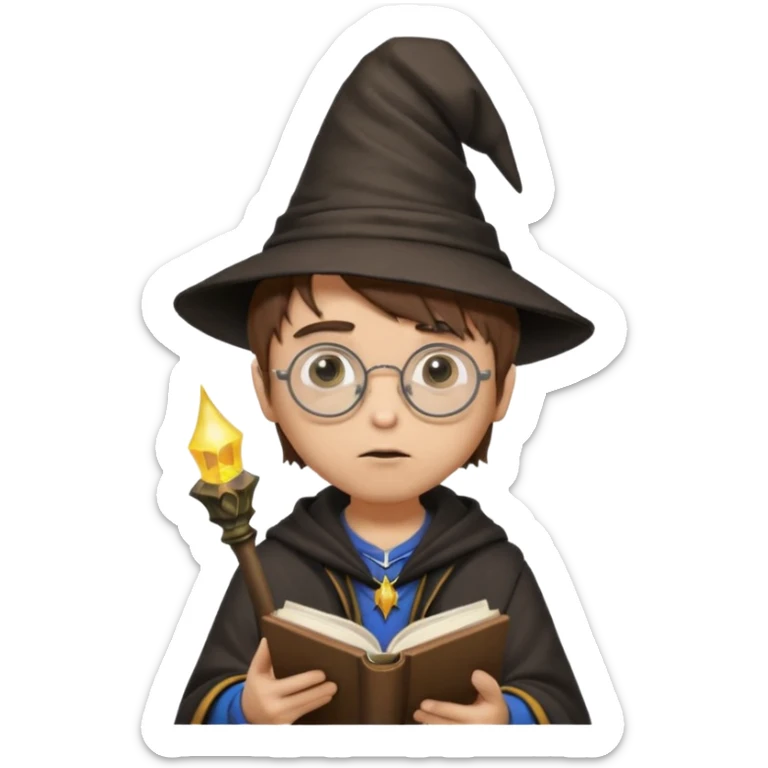 ["A sad boy with light skin, straight hair, wearing a wizard hat and round glasses, dressed in punk fashion, is reading a book while holding a phone."] sticker