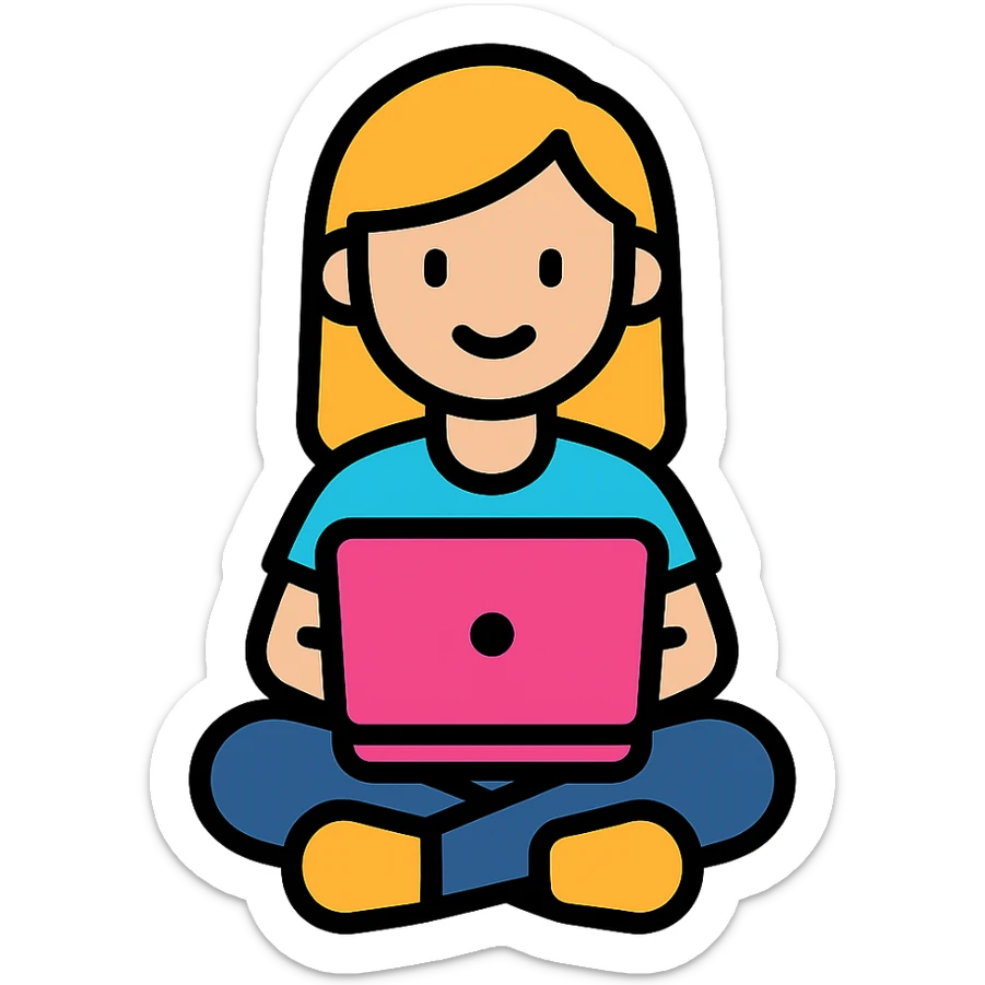 a girl with a pink laptop sitting cross-legged, color outline icon style sticker