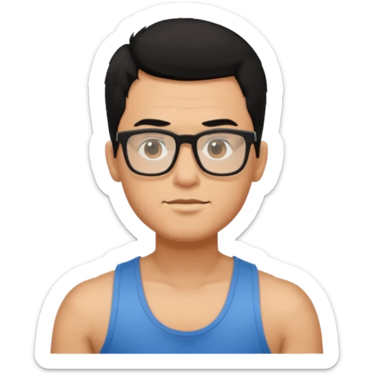 portrait of man, wearing a tank top, square glasses, black hair sticker