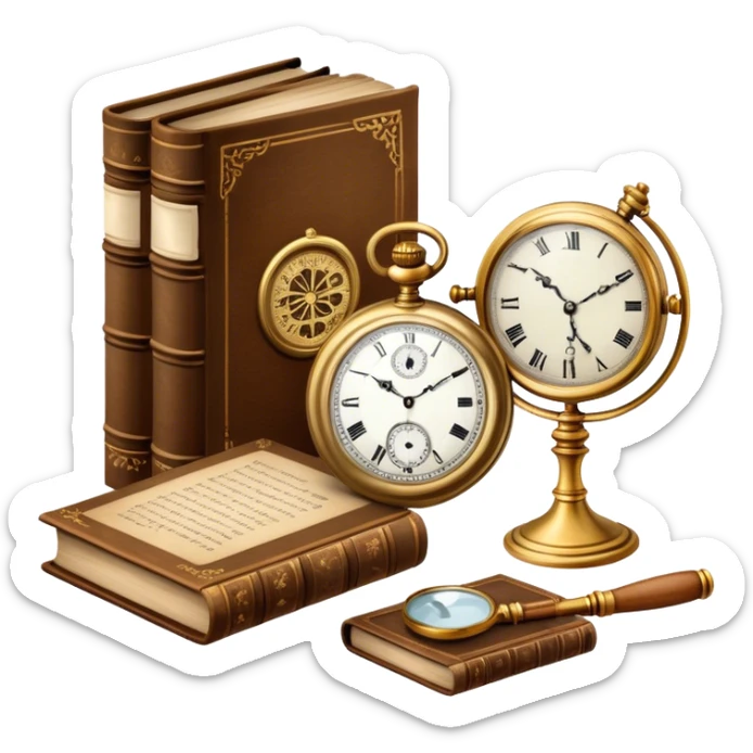 Icon for Antiques Collecting: antique carved  table, a vintage pocket watch and a porcelain figurine, all placed on a wooden antique carved table surrounded by aged books and a magnifying glass. The icon should evoke the elegance and history of antique collecting. Transparent background. sticker