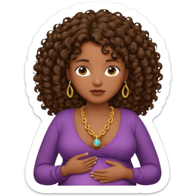 Very dark brown skin woman, pregnant with curly brown hair, head neck and abdomen only sticker