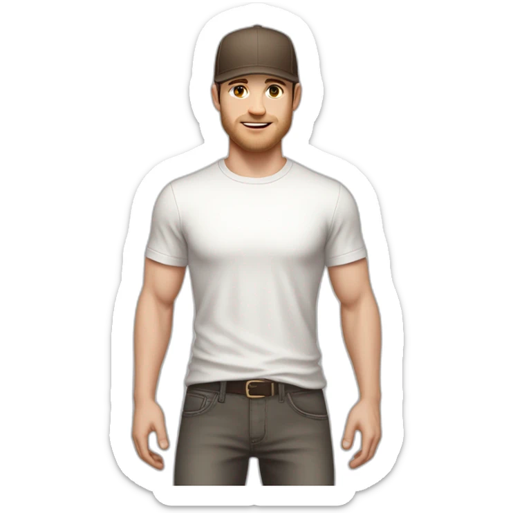 Pale skinned fit Man with dark brown hair in a light gray cap, dark brown jeans, brown polo and white T-shirt keeping a pasted with tape white box into his hands sticker