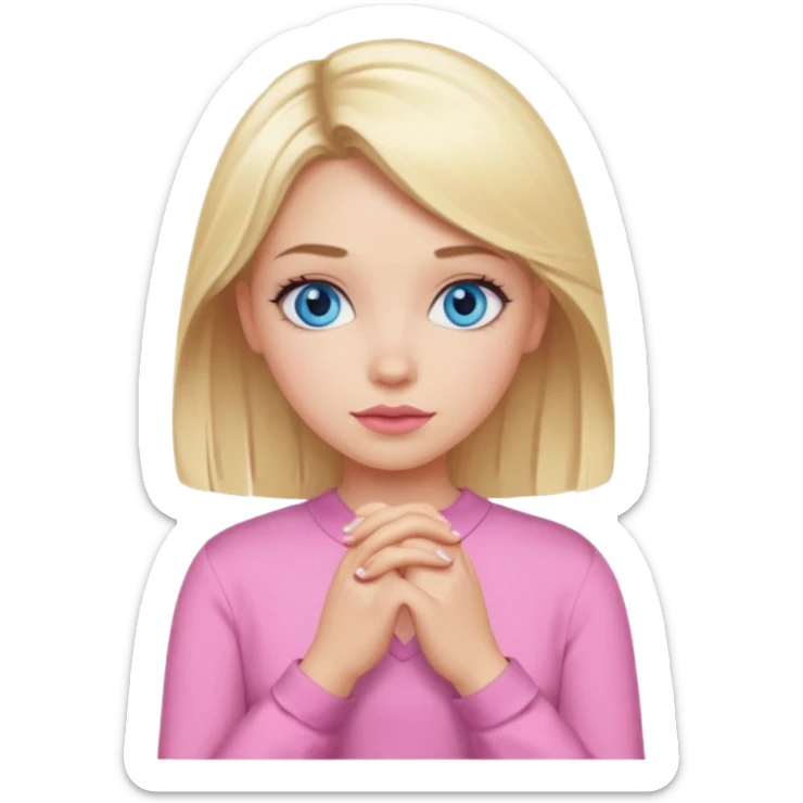 A girl with blue eyes, full lips and blonde hair in a pink blouse shows no with her hands, crossing them sticker