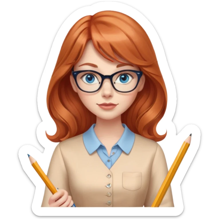 redheaded woman with long wavy hair and bangs, blue eyes, cat-eye glasses, wearing a pencil skirt and apricot blouse, holding a pencil sticker