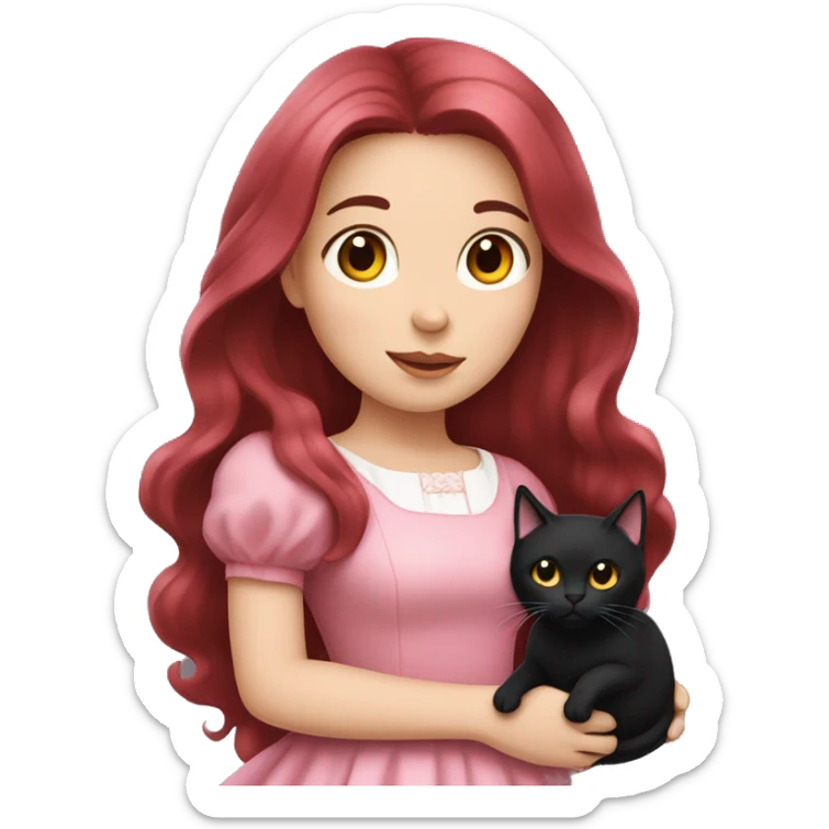 Long Dark Red hair, white skin wearing pink dress girl who is holding a black cat sticker