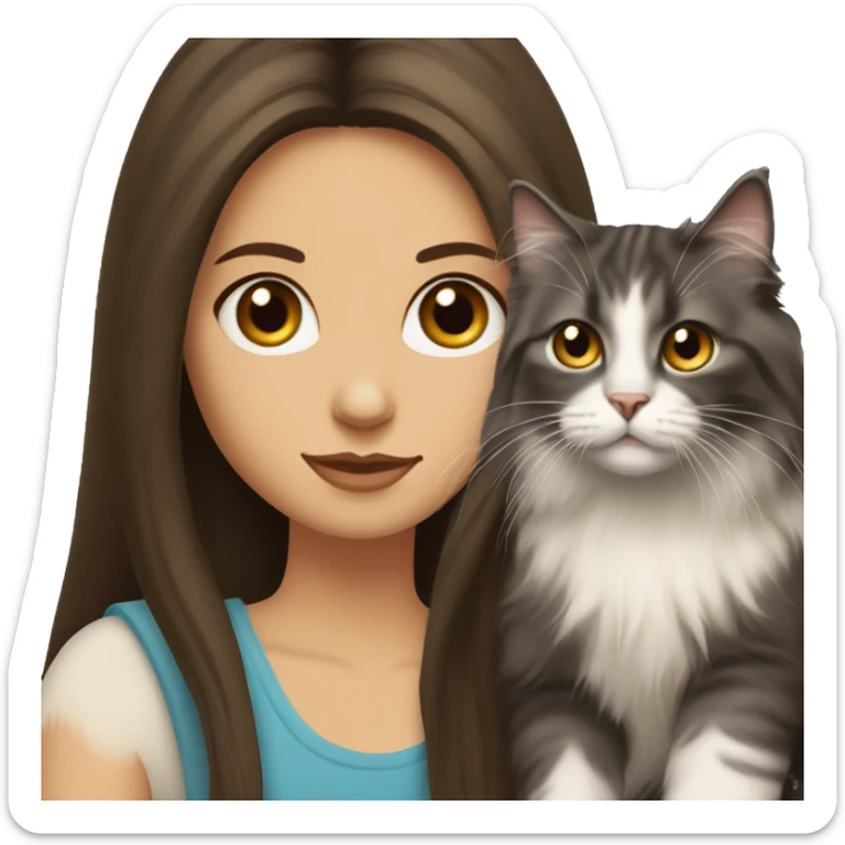 long straight haired blue eyed brunette woman holding norwegian forest cat with amber eyes sticker