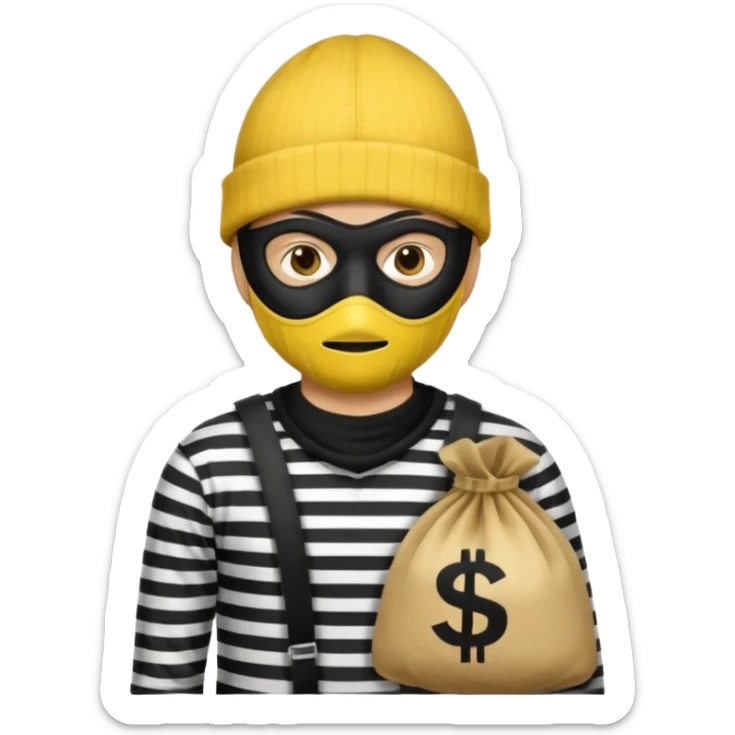yellow robber wears black eye mask, black beanies and black and white stibes shirt with one brown money bag beside him sticker