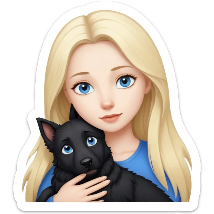 pretty woman with pale skin and who has BLUE eyes and very long blonde hair and is  hugging a black shepherd dog. The dog has brown eyes but the woman has blue eyes.  sticker