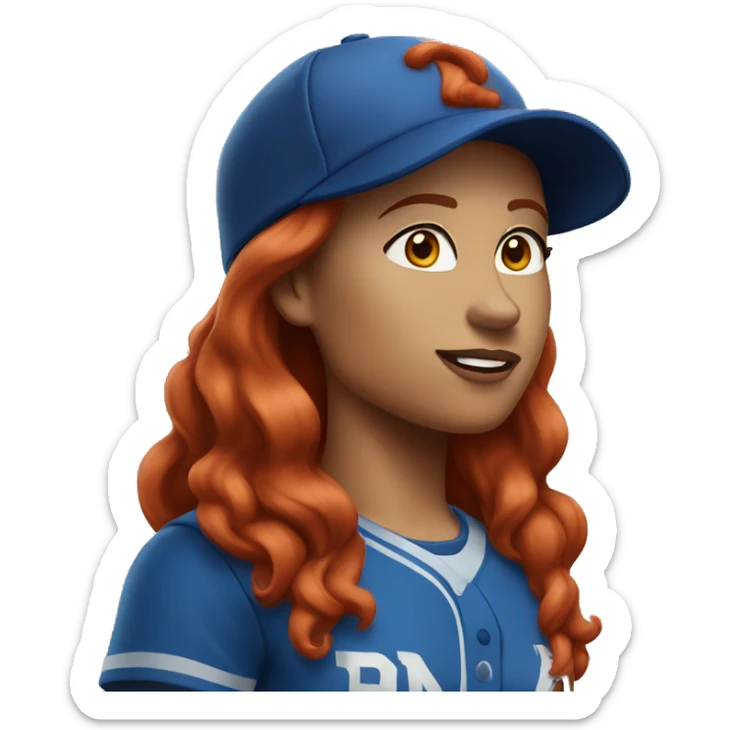 standing female coach with long red hair, wearing a white t-shirt and a simple blue baseball hat sticker