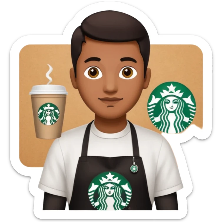 create a sticker of my male bangladeshi friend who is supervisor at starbucks plus coffemaster so black apron woth coffeemaster on it and starbucks logo he s also a comp sci student sticker