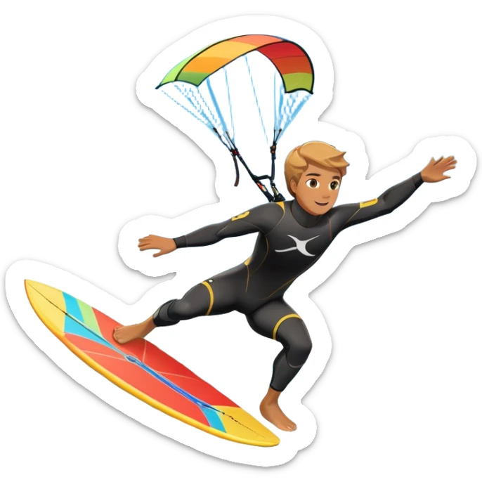 An athlete in a wetsuit riding a kiteboard, soaring over the sea waves with the kite high in the sky. The background features a vibrant blue sky and crashing ocean waves, capturing the thrill and freedom of kitesurfing in dynamic motion. sticker
