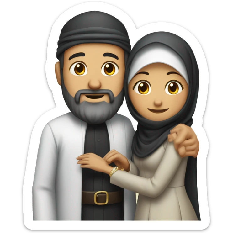 a man with a topi and beard, with a woman with a hijab, and they are getting married putting a ring on each others ha sticker