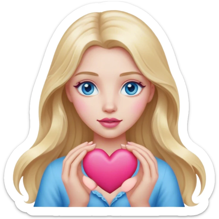 A realistic blonde with long hair and blue eyes and pink lips holds a heart in her hands sticker