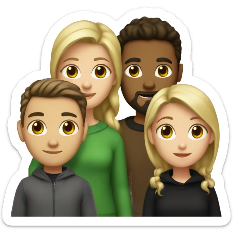 two girls and one guy. one of the girls is a blonde in a green sweater, the other has brown hair and a black sweater, in the middle is a guy with dark hair and a beard sticker