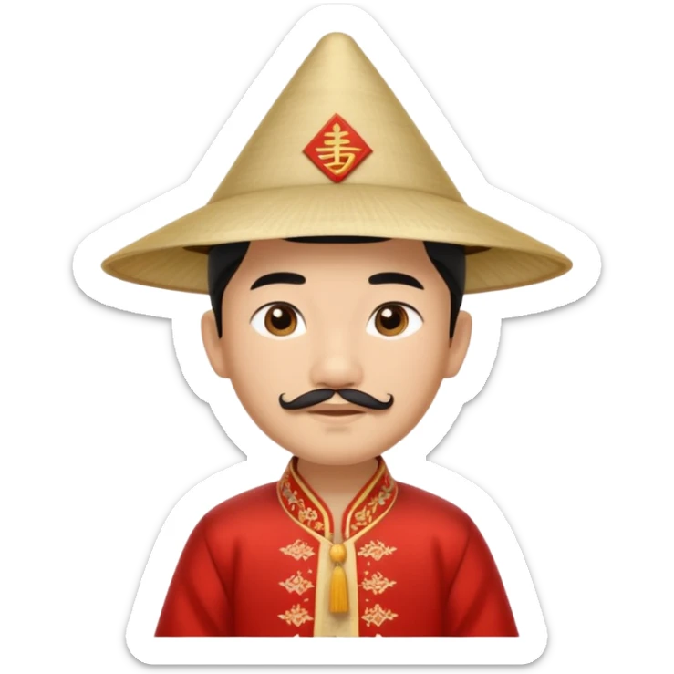 An Asian boy, with little straight mustache and a little beard wearing a traditional triangle Chinese hat sticker