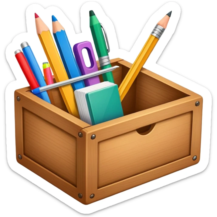 small box of teaching supplies with a pencil, ruler, and markers sticking out sticker