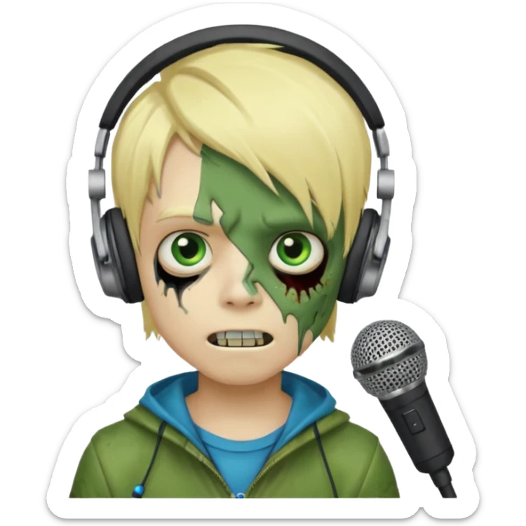 boy zombie whit blonde emo hair and eyes blue and GREEN SKIN and heandphones AND A MICROFONE AND GOLD TEETH  sticker
