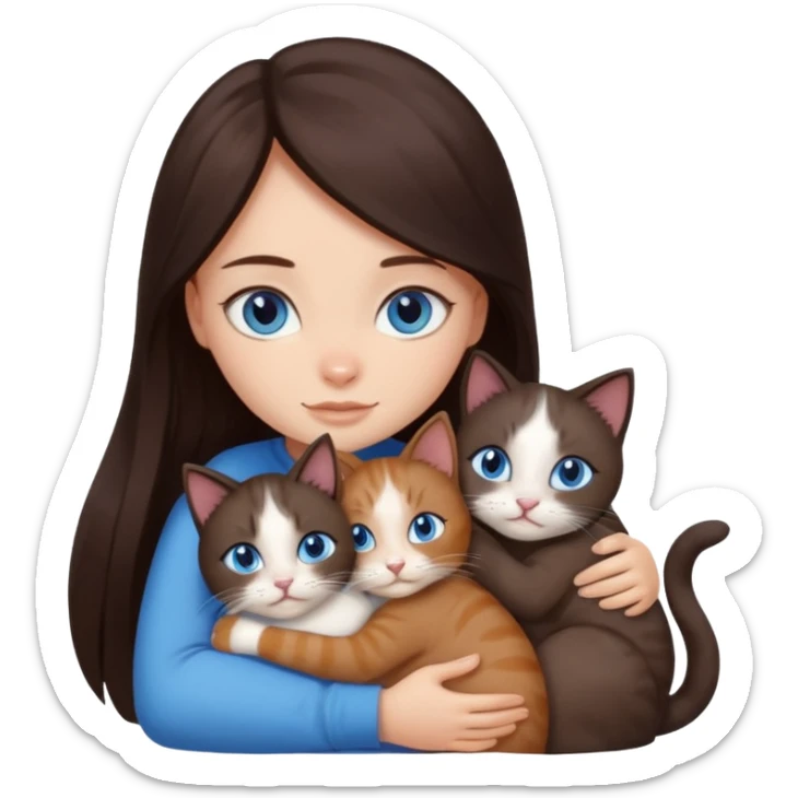 a girl with long dark 
brown hair, with blue eyes, hugs 3 different natural coloured cats sticker