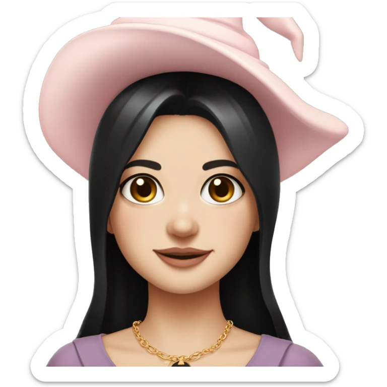Witchy chocolate black haired brown eyed light freckles white girl with a witty smile a gold necklace and a black witch hat with a baby pink bow sticker