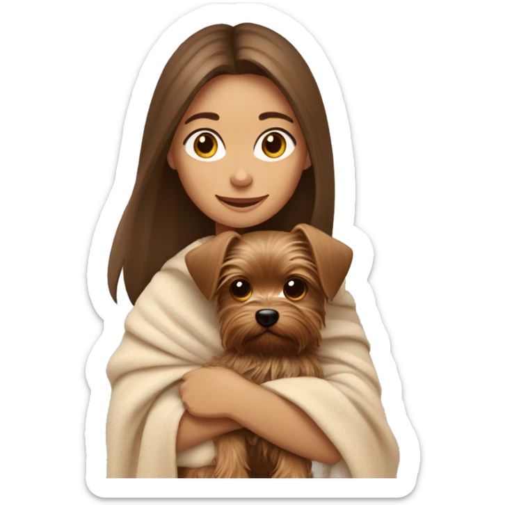 Brown haired girl wrapped in blanket hugs her Yorkshire terrier dog sticker